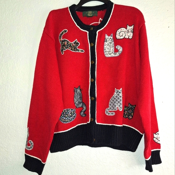 Orvis Sweaters - ORVIS Wearable Art Cats Cardigan Sweater Sz XL Vintage EUC